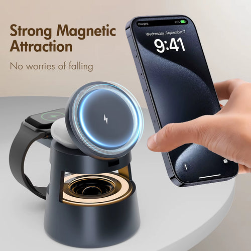 5-In-1 Strong Magnetic Wireless Charging Station 15W BT Speaker Night Light Fast Charger for Iphone 17 16 15 Watch Earphone