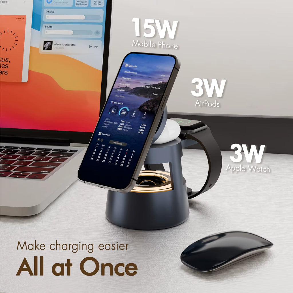 5-In-1 Strong Magnetic Wireless Charging Station 15W BT Speaker Night Light Fast Charger for Iphone 17 16 15 Watch Earphone