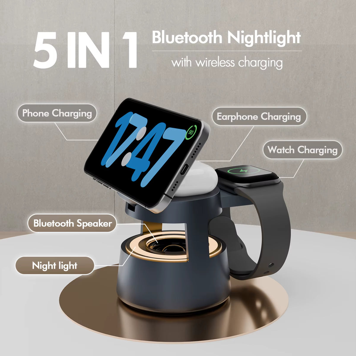 5-In-1 Strong Magnetic Wireless Charging Station 15W BT Speaker Night Light Fast Charger for Iphone 17 16 15 Watch Earphone